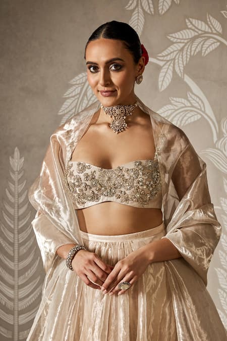 Buy_Ridhi Mehra_Gold Tissue Embroidery, Lace Sweetheart Neck Lehenga Set _Online_at_Aza_Fashions