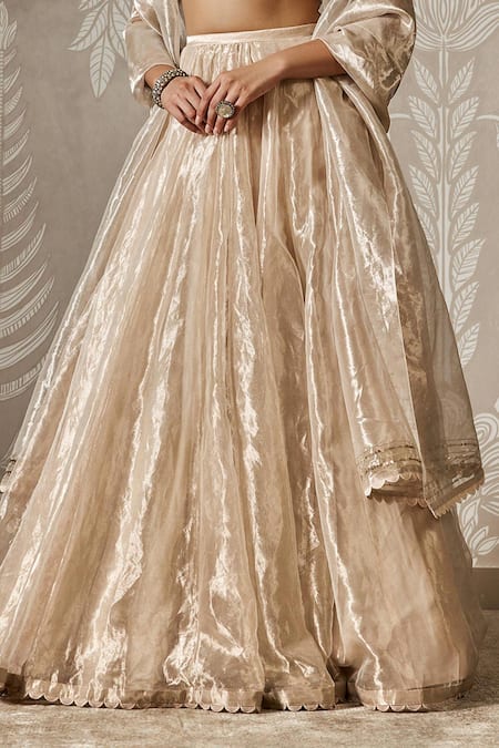 Shop_Ridhi Mehra_Gold Tissue Embroidery, Lace Sweetheart Neck Lehenga Set _Online_at_Aza_Fashions