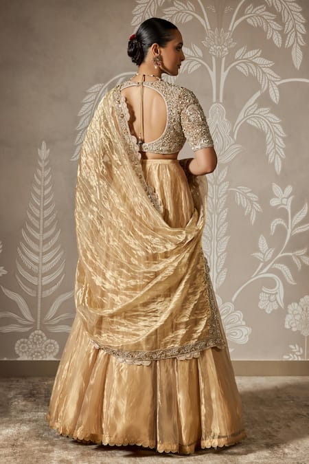Ridhi Mehra Gold Scallop Lace Tissue Lehenga Set 