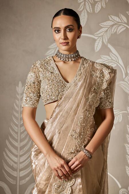 Buy_Ridhi Mehra_Gold Tissue, Net, Crepe Pearls, Sequins V-neck Embroidered Saree Set _Online_at_Aza_Fashions