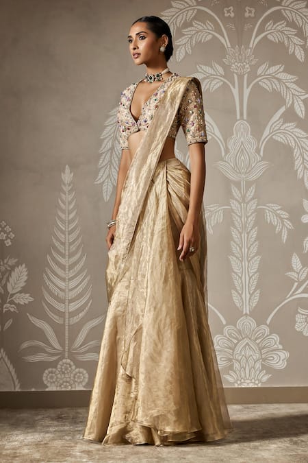 Ridhi Mehra Gold Silk, Tissue Sequins, Beads Plunge Embroidered Pre-draped Lehenga Saree Online at Aza Fashions Ridhi Mehra_Gold Silk, Tissue Sequins, Beads Plunge Embroidered Pre-draped Lehenga Saree _Online_at_Aza_Fashions