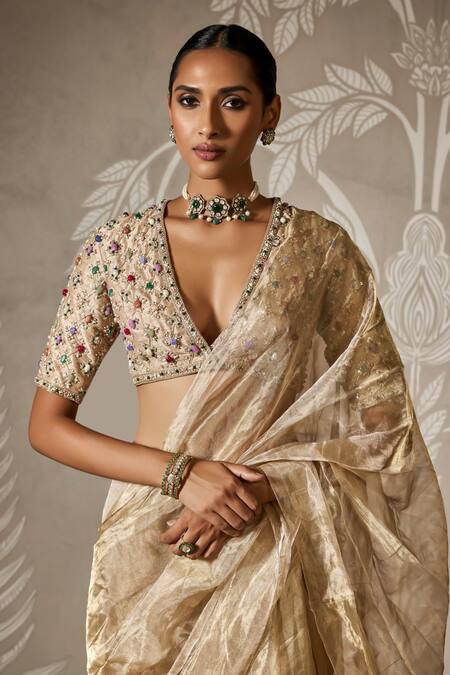 Buy Ridhi Mehra Gold Silk, Tissue Sequins, Beads Plunge Embroidered Pre-draped Lehenga Saree Online at Aza Fashions Buy_Ridhi Mehra_Gold Silk, Tissue Sequins, Beads Plunge Embroidered Pre-draped Lehenga Saree _Online_at_Aza_Fashions
