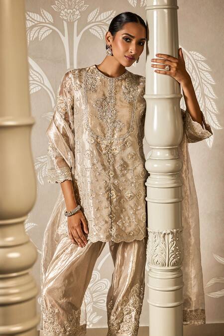 Shop_Ridhi Mehra_Gold Tissue Sequins, Embroidery Round Neck Mughal Bloom Kurta Set _Online_at_Aza_Fashions