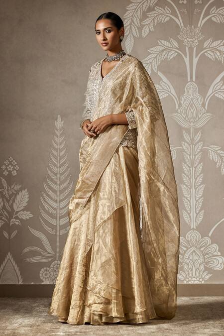 Ridhi Mehra Gold Tissue Sequins V-neck Embroidered Pre-draped Lehenga Saree Online at Aza Fashions Ridhi Mehra_Gold Tissue Sequins V-neck Embroidered Pre-draped Lehenga Saree _Online_at_Aza_Fashions