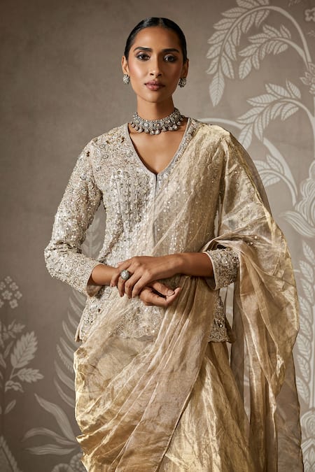 Buy Ridhi Mehra Gold Tissue Sequins V-neck Embroidered Pre-draped Lehenga Saree Online at Aza Fashions Buy_Ridhi Mehra_Gold Tissue Sequins V-neck Embroidered Pre-draped Lehenga Saree _Online_at_Aza_Fashions