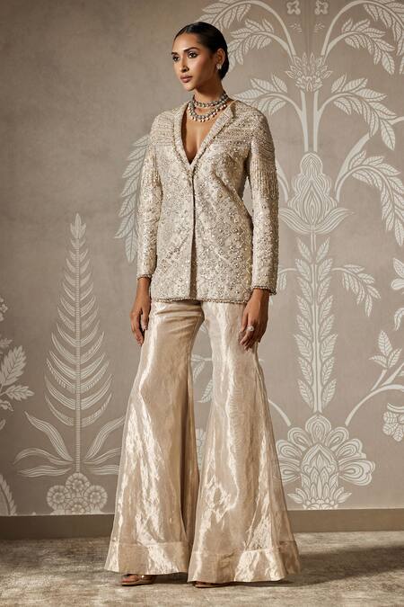 Buy_Ridhi Mehra_Gold Tissue Sequins V-neck Flora Jaal Embroidered Jacket And Pant _Online_at_Aza_Fashions