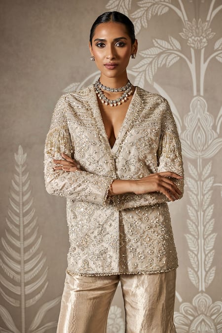 Shop_Ridhi Mehra_Gold Tissue Sequins V-neck Flora Jaal Embroidered Jacket And Pant _Online_at_Aza_Fashions