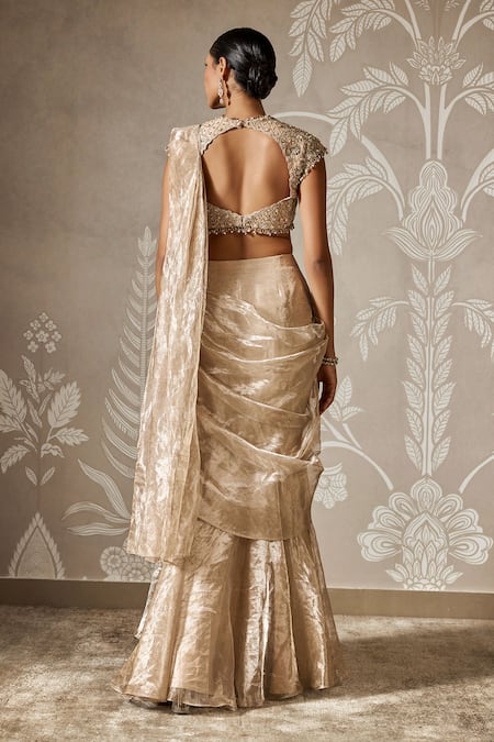 Ridhi Mehra Gold Flora Sequin Embroidered Lehenga Saree 
