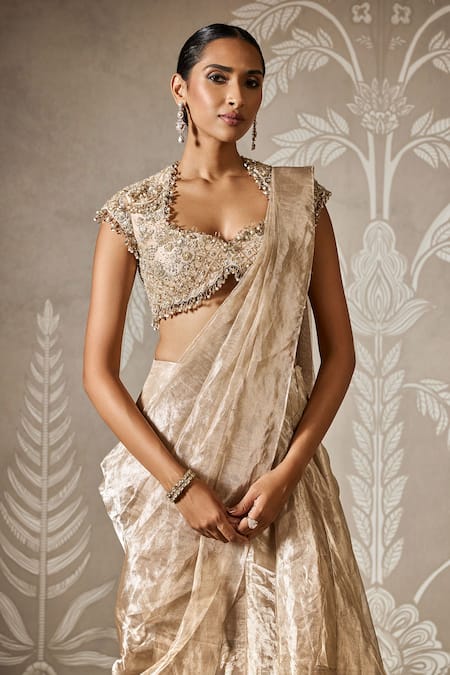 Ridhi Mehra_Gold Net, Tissue Sequins, Embroidery Round Neck Flora Lehenga Saree _Online_at_Aza_Fashions