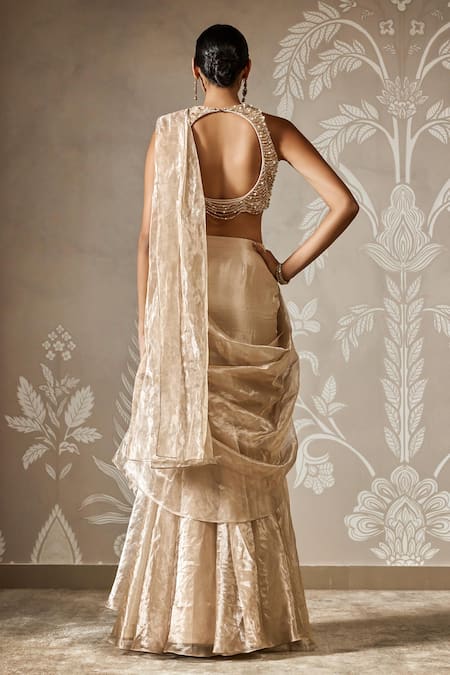 Ridhi Mehra Gold Pre-Draped Lehenga Saree & Embroidered Blouse 