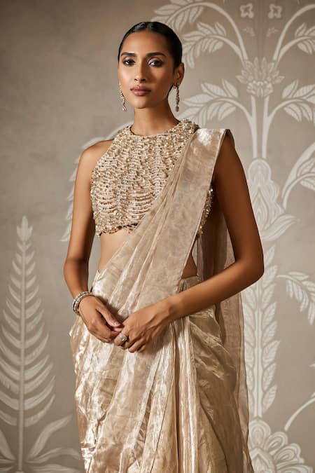 Ridhi Mehra_Gold Net, Tissue Sequins, Beads, Embroidery Pre-draped Lehenga Saree And Blouse _Online_at_Aza_Fashions