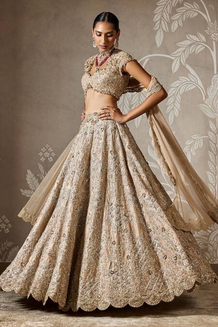 Buy_Ridhi Mehra_Gold Net, Silk Pearls, Sequins, Beads High Neck Bahara Embroidered Lehenga Set _Online_at_Aza_Fashions