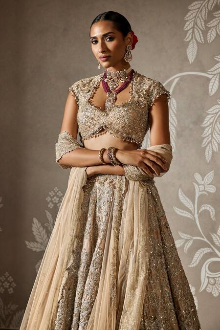 Shop_Ridhi Mehra_Gold Net, Silk Pearls, Sequins, Beads High Neck Bahara Embroidered Lehenga Set _Online_at_Aza_Fashions