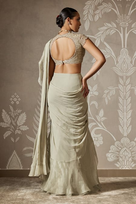 Ridhi Mehra Gold Ruffled Saree Set With Embroidered Blouse 