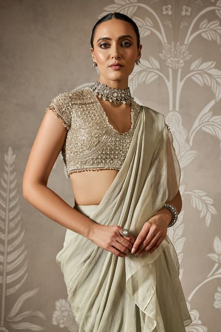 Ridhi Mehra Gold Net, Chiffon, Organza Pearls, Ruffled Saree Set With Embroidered Blouse Online at Aza Fashions Ridhi Mehra_Gold Net, Chiffon, Organza Pearls, Ruffled Saree Set With Embroidered Blouse _Online_at_Aza_Fashions