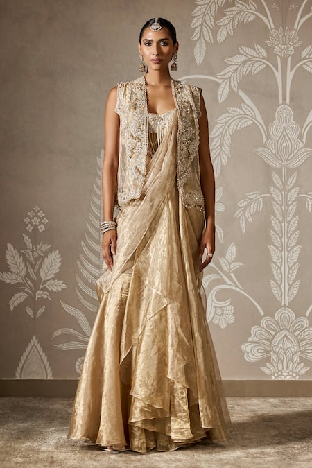 Ridhi Mehra Gold Embroidered Ruffle Saree & Jacket Set 