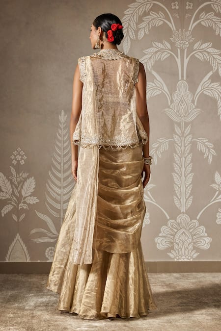 Ridhi Mehra Gold Embroidered Ruffle Saree & Jacket Set 