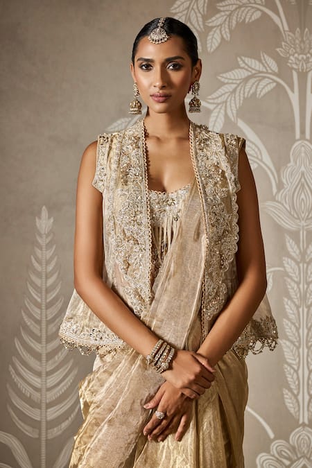 Buy_Ridhi Mehra_Gold Tissue Pearls, Sequins, Beads Open Embroidered Ruffle Saree And Jacket Set _Online_at_Aza_Fashions