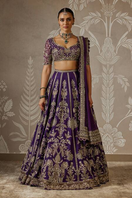 Buy_Ridhi Mehra_Purple Silk, Net Embroidery Asymmetric Gulbahar Lehenga Set _Online_at_Aza_Fashions