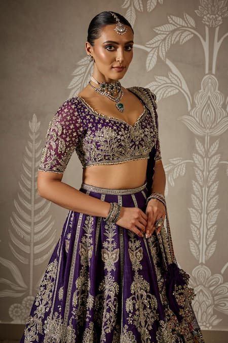 Shop_Ridhi Mehra_Purple Silk, Net Embroidery Asymmetric Gulbahar Lehenga Set _Online_at_Aza_Fashions