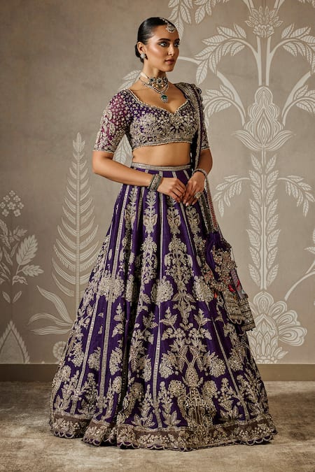 Ridhi Mehra_Purple Silk, Net Embroidery Asymmetric Gulbahar Lehenga Set _at_Aza_Fashions