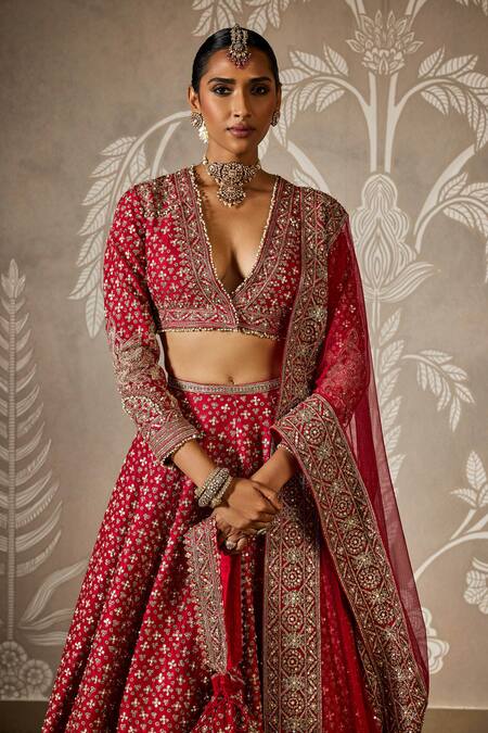 Buy_Ridhi Mehra_Red Silk, Net Sequins, Embroidery Plunge Neck Bloom Motif Lehenga Set _Online_at_Aza_Fashions