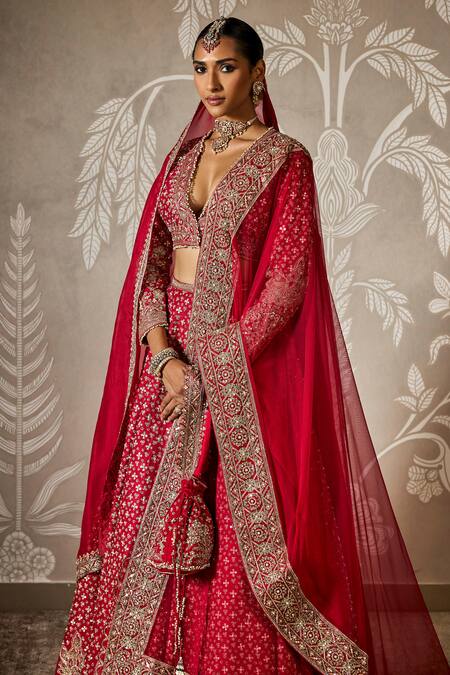 Shop_Ridhi Mehra_Red Silk, Net Sequins, Embroidery Plunge Neck Bloom Motif Lehenga Set _Online_at_Aza_Fashions