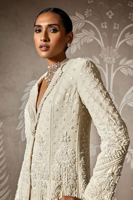 Ridhi Mehra_Ivory Georgette Pearls V-neck Bloom Embroidered Jacket And Pants _Online_at_Aza_Fashions
