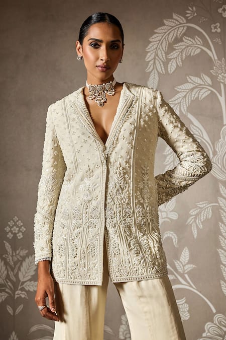 Buy_Ridhi Mehra_Ivory Georgette Pearls V-neck Bloom Embroidered Jacket And Pants _Online_at_Aza_Fashions