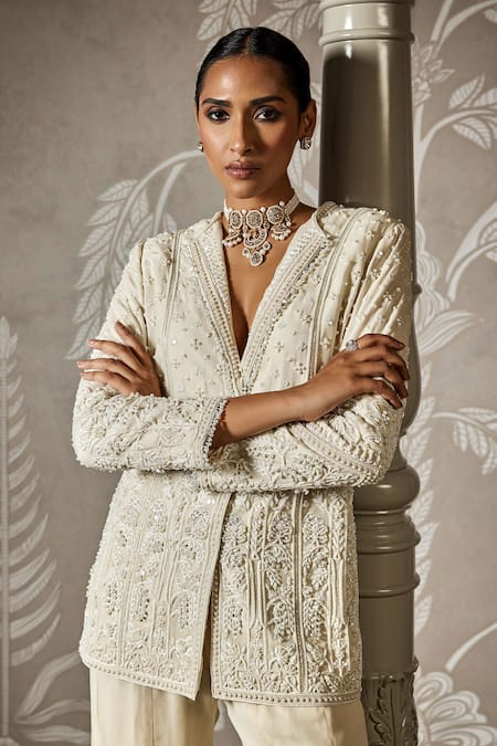 Shop_Ridhi Mehra_Ivory Georgette Pearls V-neck Bloom Embroidered Jacket And Pants _Online_at_Aza_Fashions