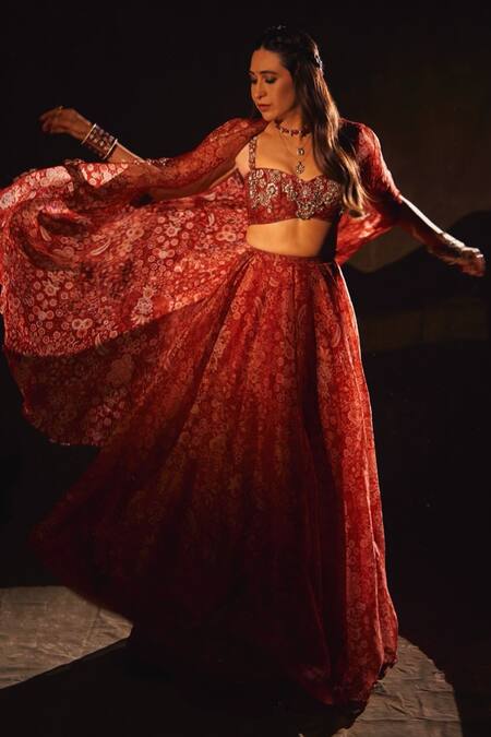 Buy_Ridhi Mehra_Red Organza Embroidery Sweetheart Neck Bloom Print Cape And Lehenga Set _Online_at_Aza_Fashions