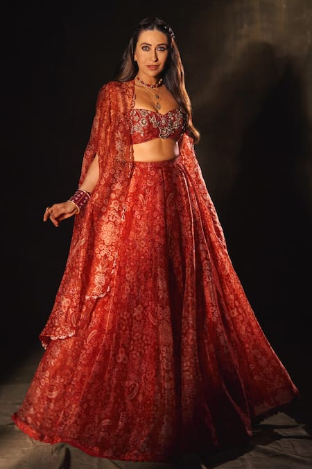 Shop_Ridhi Mehra_Red Organza Embroidery Sweetheart Neck Bloom Print Cape And Lehenga Set _Online_at_Aza_Fashions