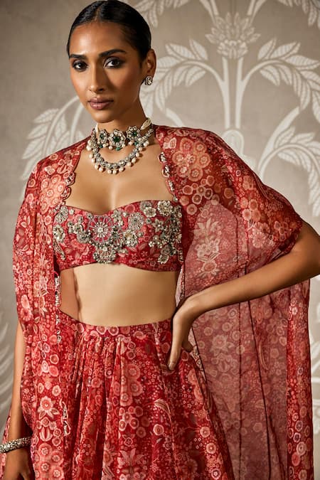 Shop_Ridhi Mehra_Red Organza Embroidery Sweetheart Neck Bloom Print Cape And Lehenga Set 