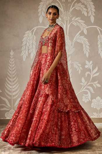Shop Ridhi Mehra Red Organza Embroidery Sweetheart Neck Bloom Print Cape And Lehenga Set Online at Aza Fashions Shop_Ridhi Mehra_Red Organza Embroidery Sweetheart Neck Bloom Print Cape And Lehenga Set _Online_at_Aza_Fashions