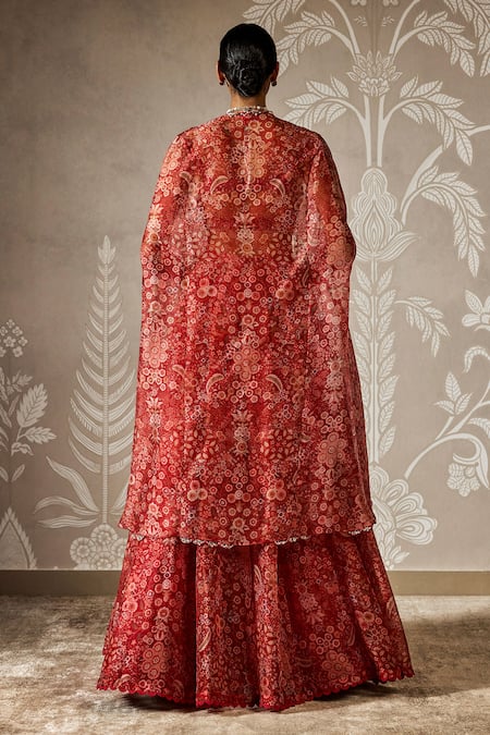 Ridhi Mehra Red Bloom Print Cape & Lehenga Set 