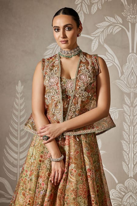 Ridhi Mehra_Green Organza Embroidery, Tassels Open Neck, Blossom Print Jacket And Lehenga Set _Online_at_Aza_Fashions