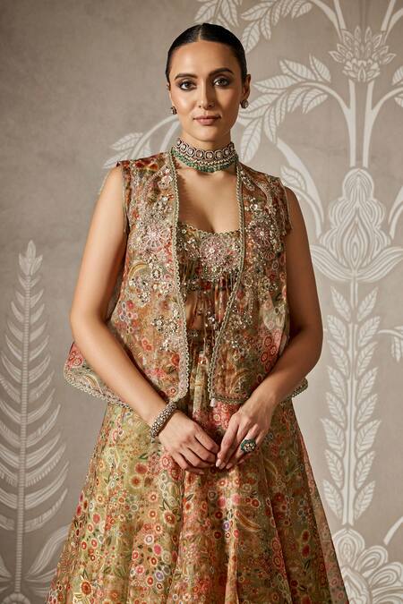 Buy_Ridhi Mehra_Green Organza Embroidery, Tassels Open Neck, Blossom Print Jacket And Lehenga Set _Online_at_Aza_Fashions