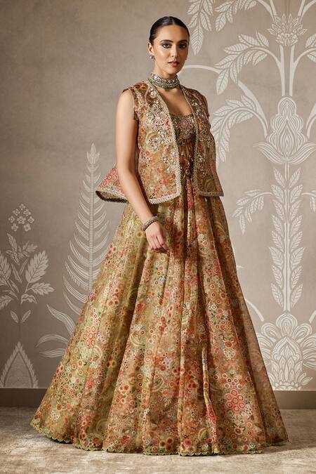 Shop_Ridhi Mehra_Green Organza Embroidery, Tassels Open Neck, Blossom Print Jacket And Lehenga Set _Online_at_Aza_Fashions