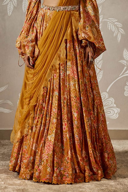 Ridhi Mehra_Yellow Cotton, Muslin, Net Sequins, Embroidery, Floral Print Fusion Lehenga Set _Online_at_Aza_Fashions