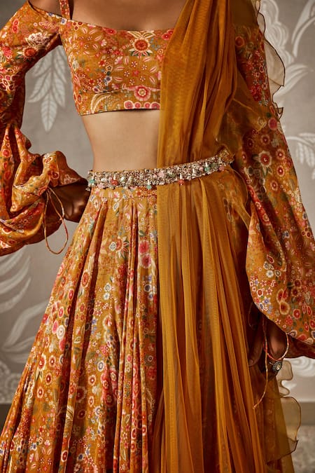 Buy_Ridhi Mehra_Yellow Cotton, Muslin, Net Sequins, Embroidery, Floral Print Fusion Lehenga Set _Online_at_Aza_Fashions