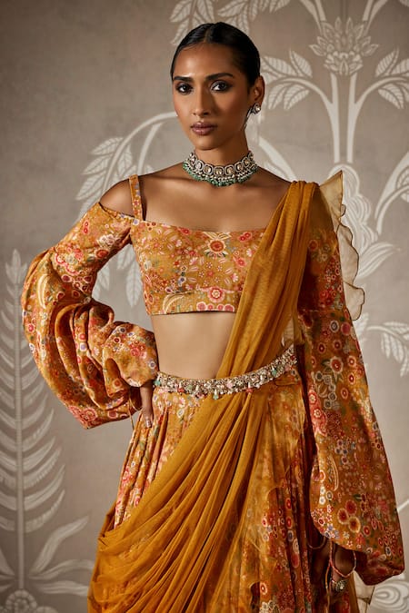 Shop_Ridhi Mehra_Yellow Cotton, Muslin, Net Sequins, Embroidery, Floral Print Fusion Lehenga Set _Online_at_Aza_Fashions