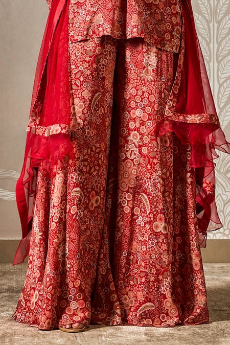 Buy Ridhi Mehra Red Georgette, Net Embroidery Split V-neck Gul Print Short Kurta Set Online at Aza Fashions Buy_Ridhi Mehra_Red Georgette, Net Embroidery Split V-neck Gul Print Short Kurta Set _Online_at_Aza_Fashions