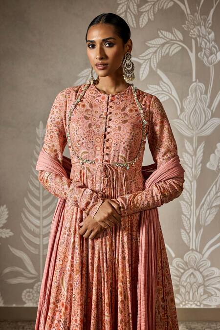 Ridhi Mehra_Pink Cotton Embroidery Collared Gathered Anarkali With Dupatta _Online_at_Aza_Fashions