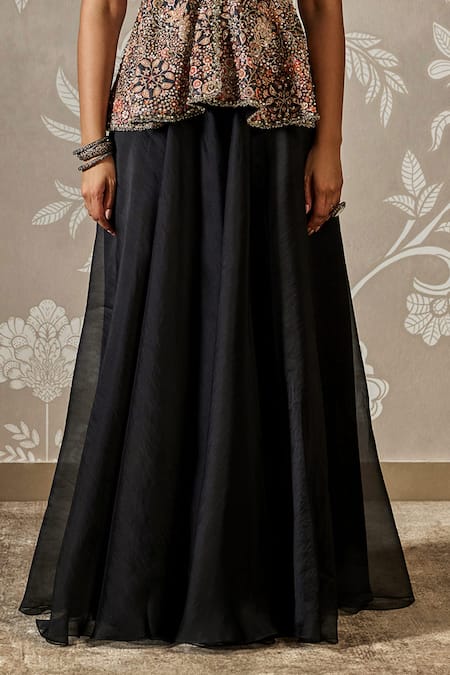 Ridhi Mehra_Black Silk, Organza Embroidery V-neck Florence Peplum Top And Sharara Set _Online_at_Aza_Fashions