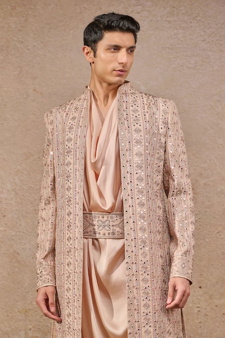 Tarun Tahiliani_Peach Georgette Sequins, Mirrors, Embroidery Geometric Sherwani Set _Online_at_Aza_Fashions