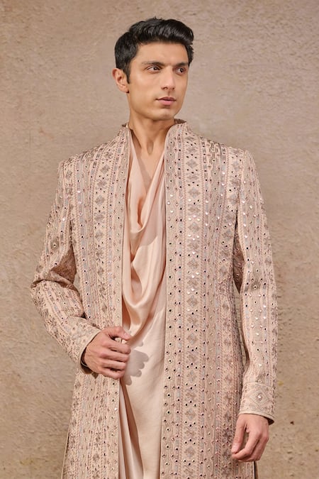 Buy_Tarun Tahiliani_Peach Georgette Sequins, Mirrors, Embroidery Geometric Sherwani Set _Online_at_Aza_Fashions