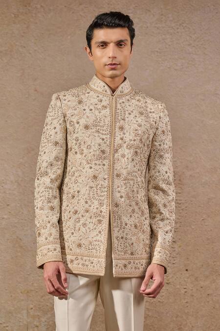 Buy Tarun Tahiliani Beige Cotton Satin, Georgette Pearls, Sequins, Floral Hand Bandhgala Set Online at Aza Fashions Buy_Tarun Tahiliani_Beige Cotton Satin, Georgette Pearls, Sequins, Floral Hand Bandhgala Set _Online_at_Aza_Fashions