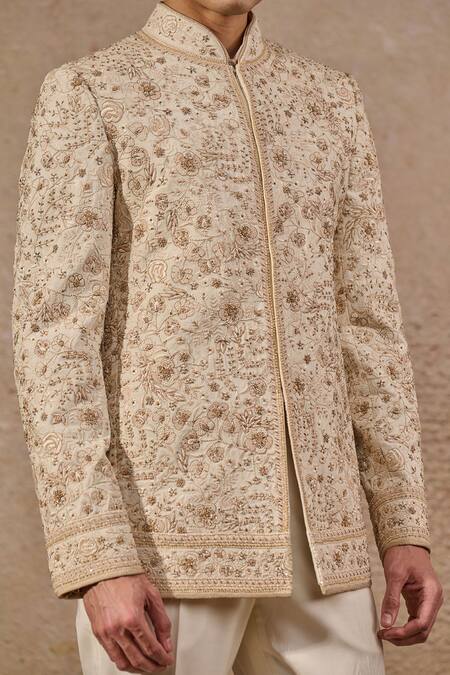 Shop Tarun Tahiliani Beige Cotton Satin, Georgette Pearls, Sequins, Floral Hand Bandhgala Set Online at Aza Fashions Shop_Tarun Tahiliani_Beige Cotton Satin, Georgette Pearls, Sequins, Floral Hand Bandhgala Set _Online_at_Aza_Fashions