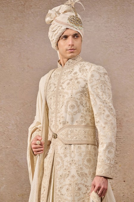 Tarun Tahiliani_Ivory Poplin, Silk, Jacquard Crystals, Zari, Persian Motif Hand Sherwani Set _Online_at_Aza_Fashions