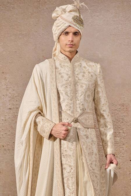 Buy_Tarun Tahiliani_Ivory Poplin, Silk, Jacquard Crystals, Zari, Persian Motif Hand Sherwani Set _Online_at_Aza_Fashions